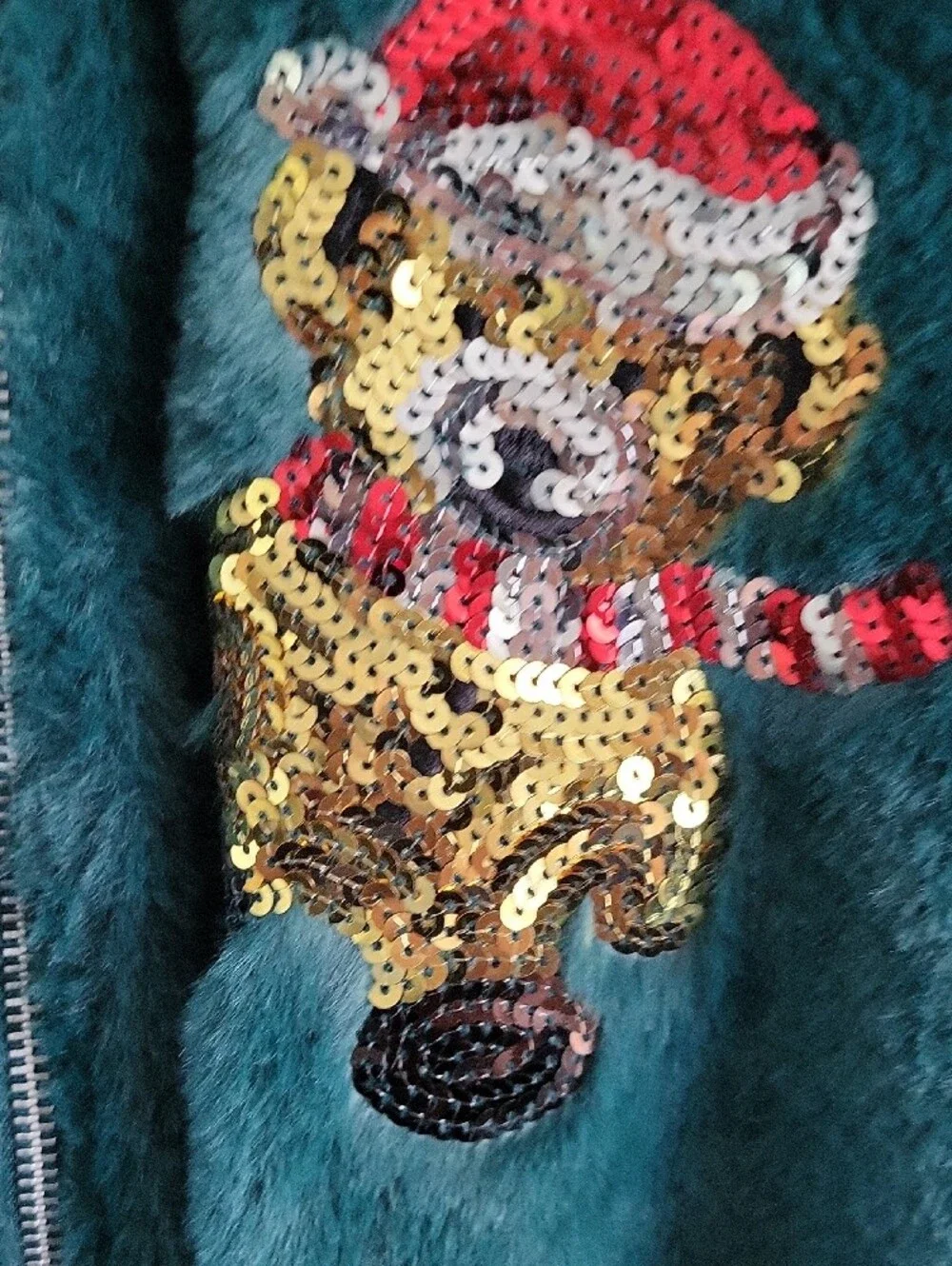 No Boundaries Teal Faux-Fur Hooded Puffer with Sequin Bear Patch